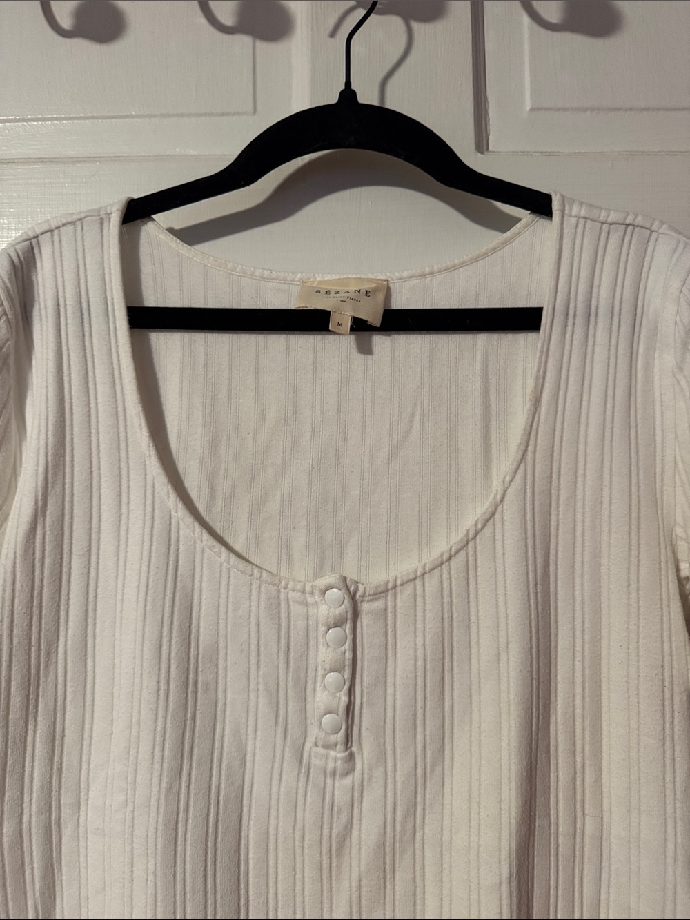 Sezane Mao Ecru White Ribbed T-shirt Size Medium - Picture 3 of 10